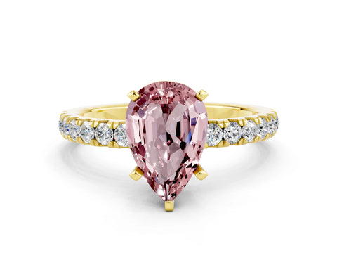Yellow gold Pear Cut Morganite Solitaire Ring with Pavé Accents and Four-Prong Setting