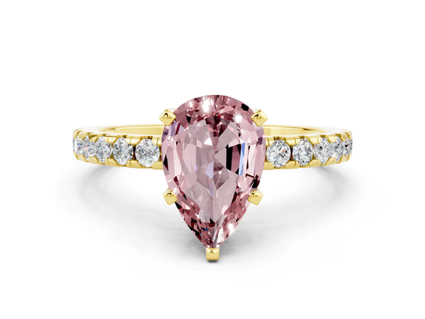 Yellow gold Pear Cut Morganite Solitaire Ring with Round  Pavé Band and Four-Prong Setting