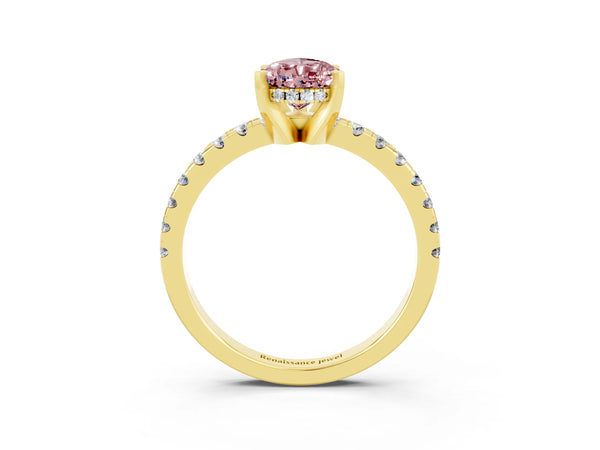 Yellow gold Pear Cut Morganite Solitaire Ring with Round  Pavé Band and Four-Prong Setting