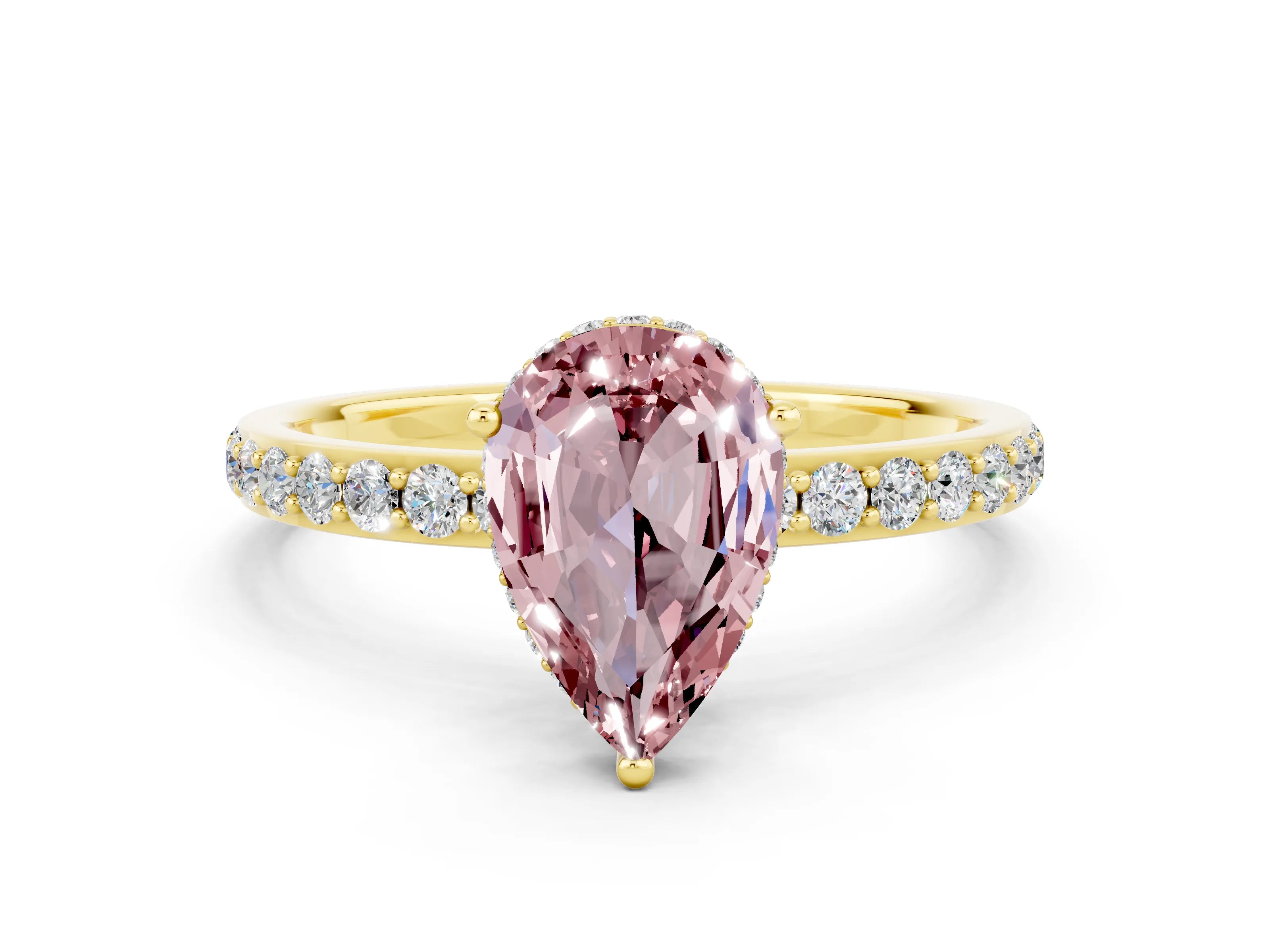 Yellow gold Pear Cut Morganite Solitaire Ring with Pavé Band and Hidden Halo_12