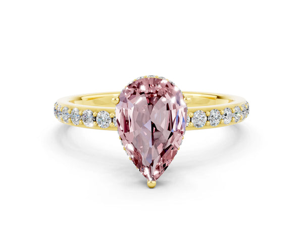 Yellow gold Pear Cut Morganite Solitaire Ring with Pavé Band and Hidden Halo