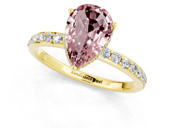 Yellow gold Pear Cut Morganite Solitaire Ring with Pavé Band and Hidden Halo