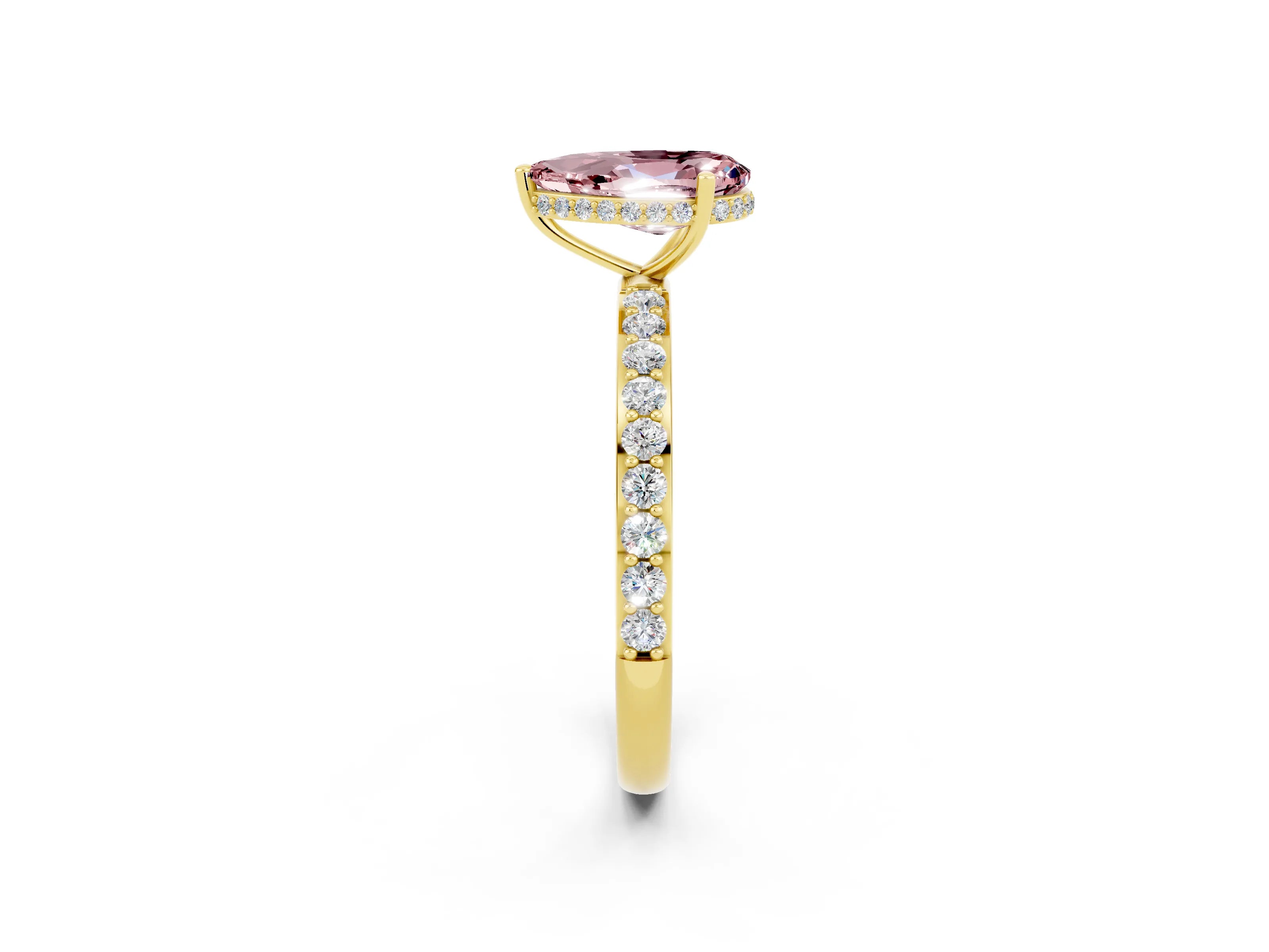 Yellow gold Pear Cut Morganite Solitaire Ring with Pavé Band and Hidden Halo_14