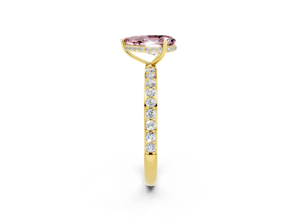 Yellow gold Pear Cut Morganite Solitaire Ring with Pavé Band and Hidden Halo