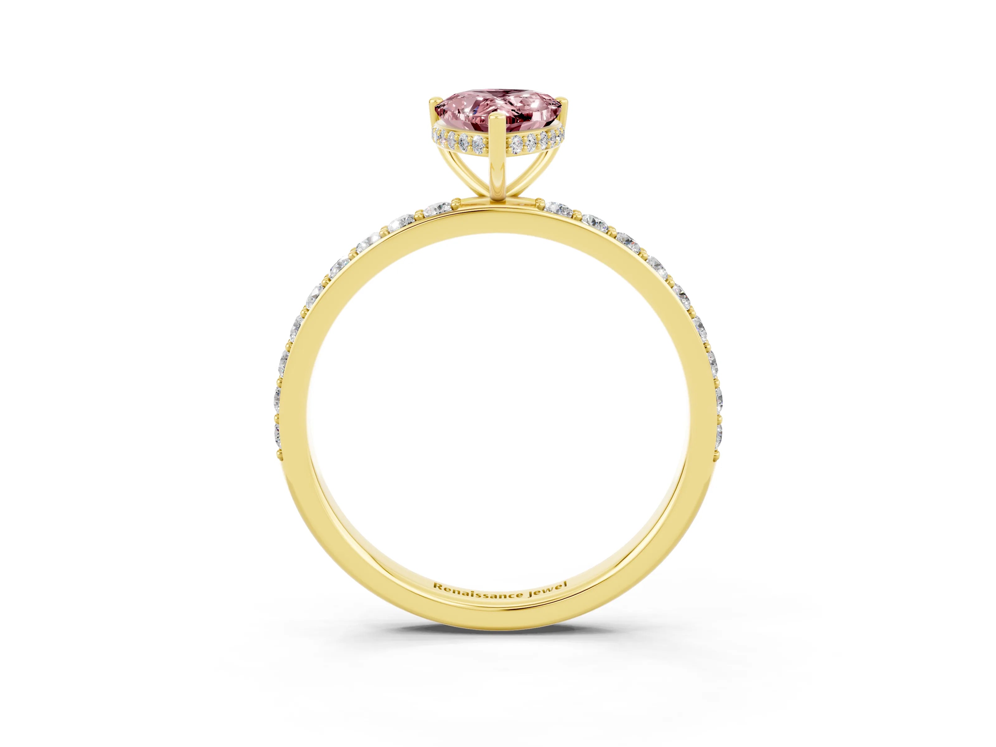 Yellow gold Pear Cut Morganite Solitaire Ring with Pavé Band and Hidden Halo_15