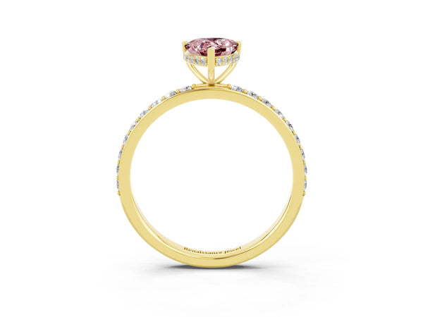 Yellow gold Pear Cut Morganite Solitaire Ring with Pavé Band and Hidden Halo