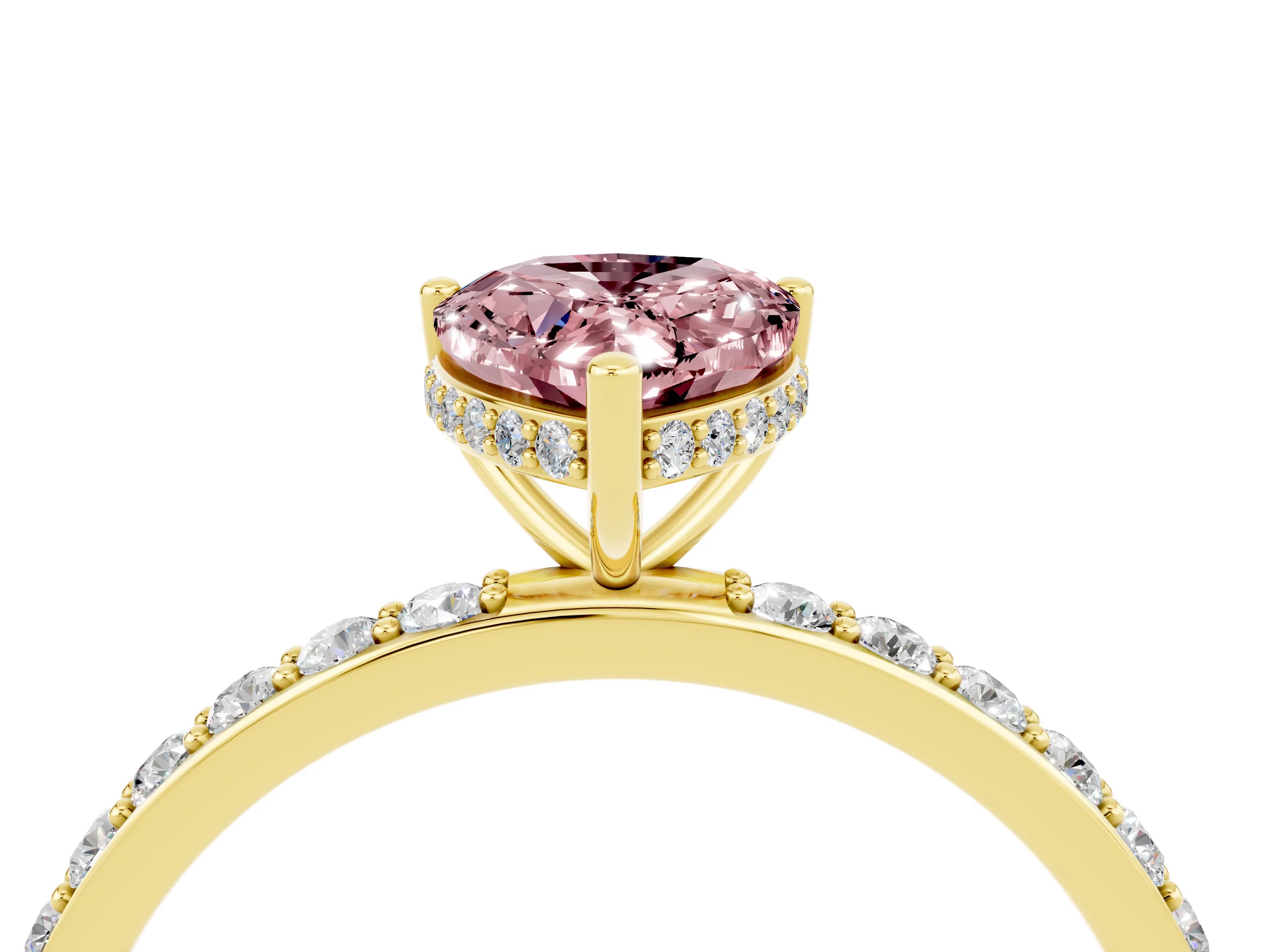 Yellow gold Pear Cut Morganite Solitaire Ring with Pavé Band and Hidden Halo_16