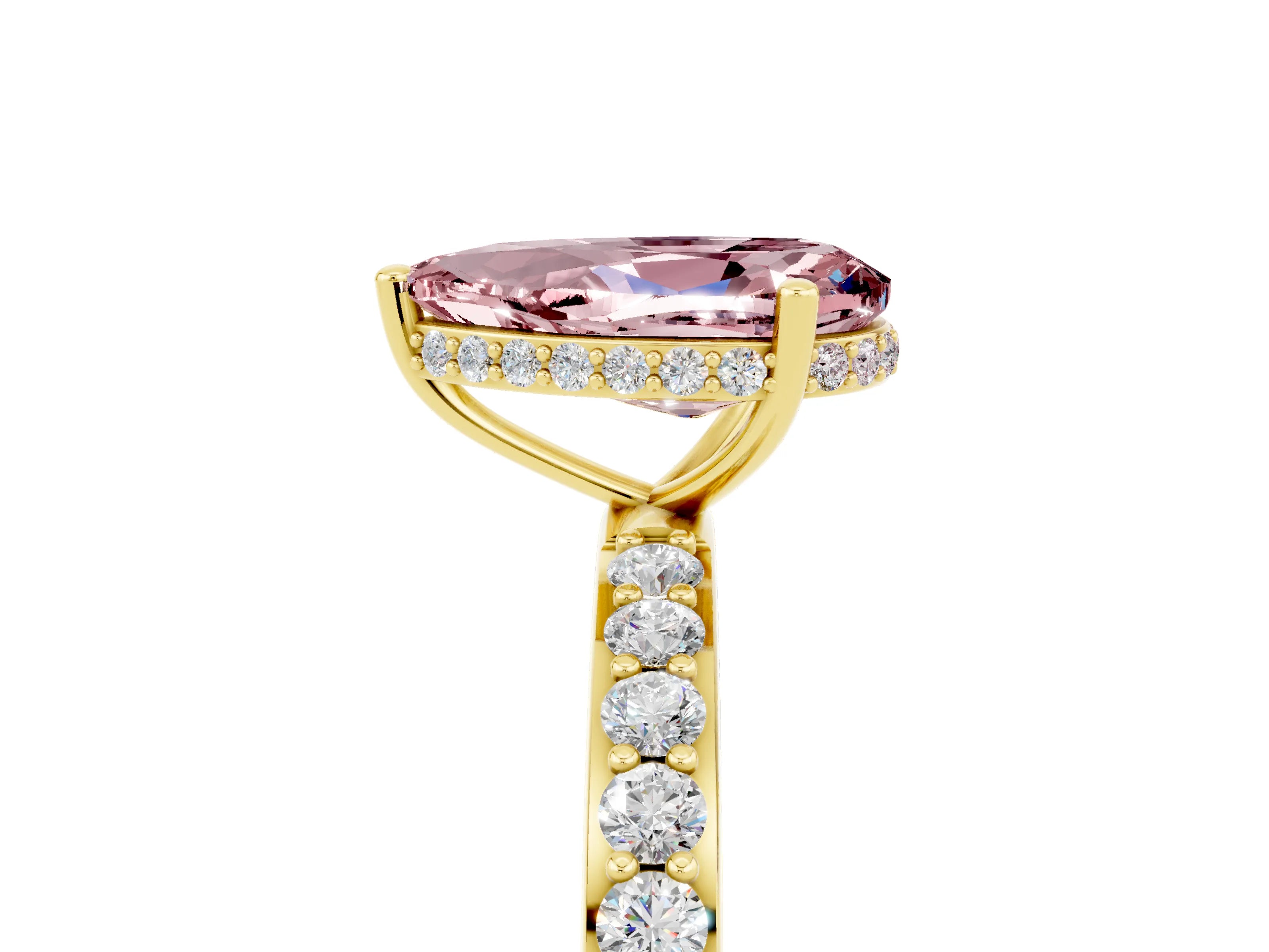 Yellow gold Pear Cut Morganite Solitaire Ring with Pavé Band and Hidden Halo_17