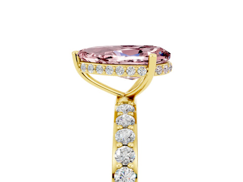 Yellow gold Pear Cut Morganite Solitaire Ring with Pavé Band and Hidden Halo_17