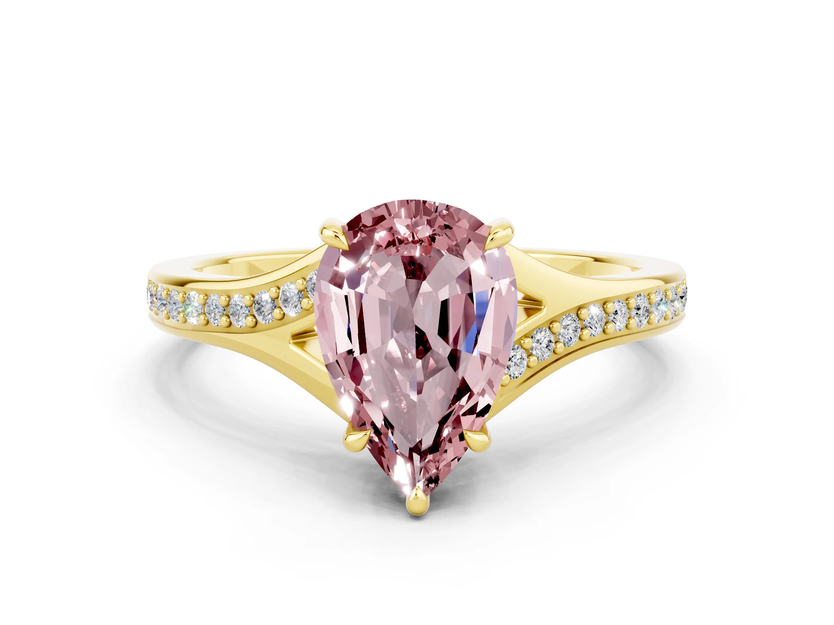 Yellow gold Pear Cut Morganite Solitaire Ring with Pavé Band and Prong Setting