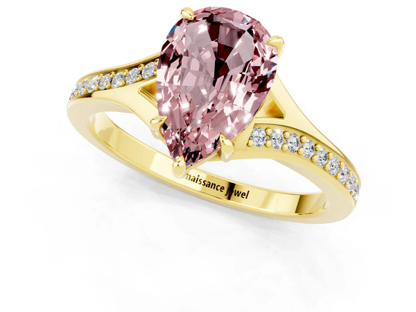 Yellow gold Pear Cut Morganite Solitaire Ring with Pavé Band and Prong Setting