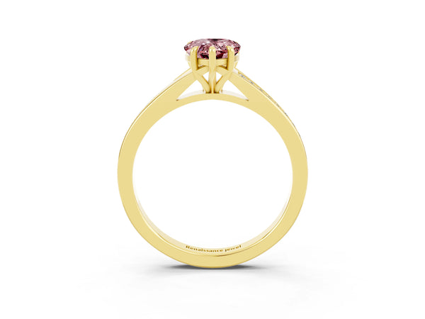 Yellow gold Pear Cut Morganite Solitaire Ring with Pavé Band and Prong Setting