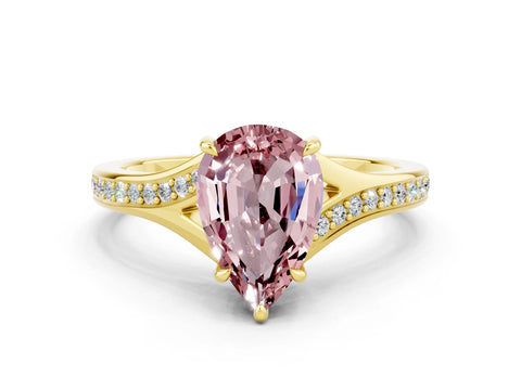Yellow gold Pear Cut Morganite Solitaire Ring with Pavé Band and Prong Setting