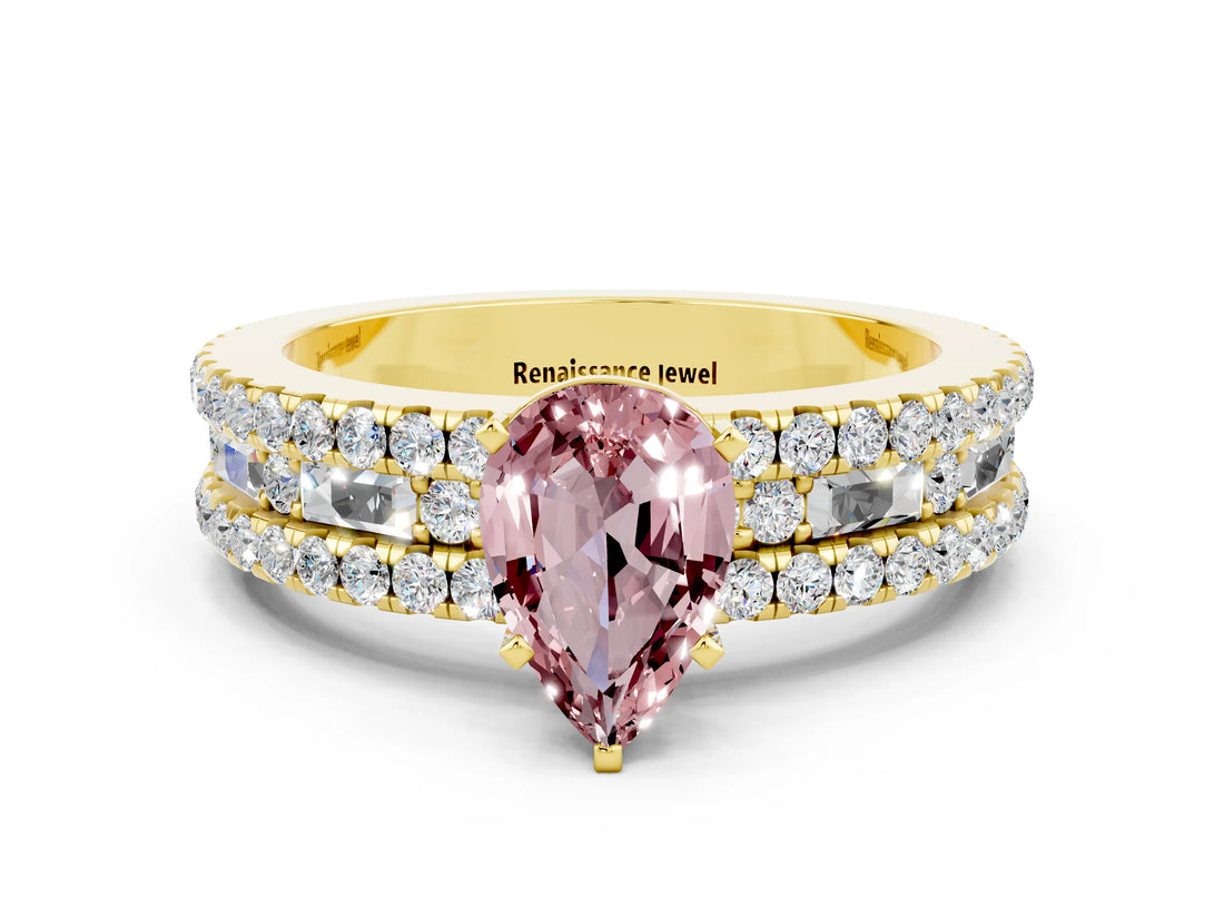 Yellow gold Pear Cut Morganite Solitaire Ring with Pavé and Channel Set Band