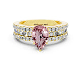 Yellow gold Pear Cut Morganite Solitaire Ring with Pavé and Channel Set Band