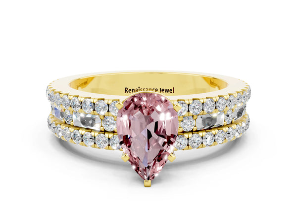 Yellow gold Pear Cut Morganite Solitaire Ring with Pavé and Channel Set Band