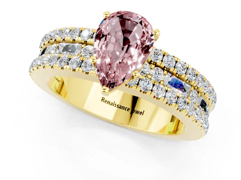 Yellow gold Pear Cut Morganite Solitaire Ring with Pavé and Channel Set Band_1