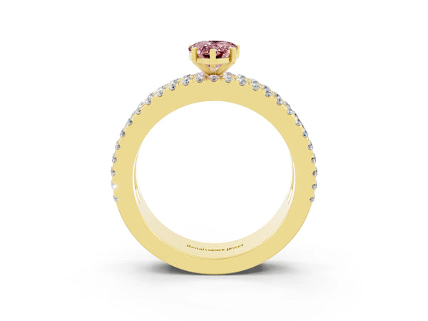Yellow gold Pear Cut Morganite Solitaire Ring with Pavé and Channel Set Band