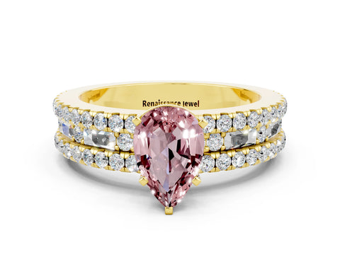 Yellow gold Pear Cut Morganite Solitaire Ring with Pavé and Channel Set Band