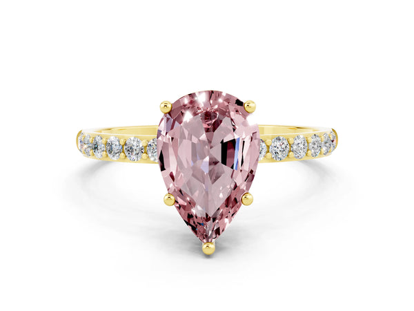 Yellow gold Pear Cut Morganite Solitaire Ring with Round  Pavé Band and Prong Setting