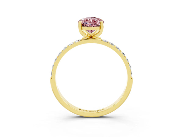 Yellow gold Pear Cut Morganite Solitaire Ring with Round  Pavé Band and Prong Setting