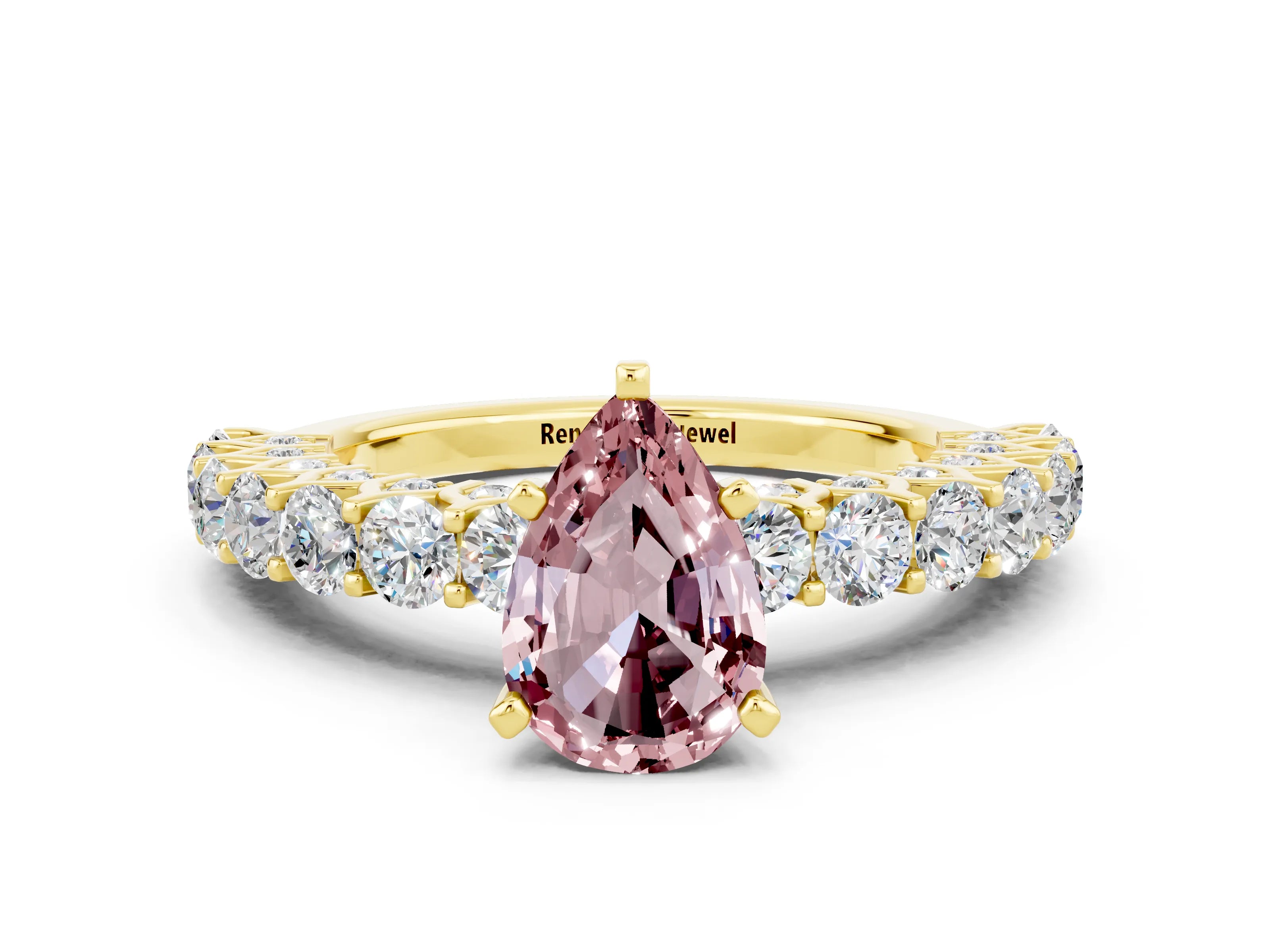 Yellow gold Pear Cut Morganite Solitaire Ring with Shared Prong Pavé Band and Four-Prong Setting