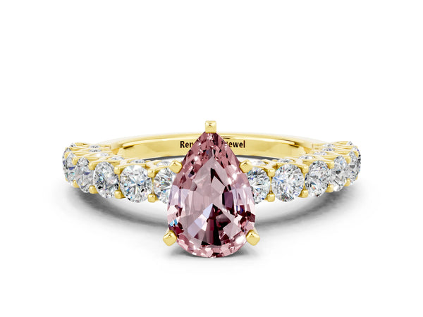 Yellow gold Pear Cut Morganite Solitaire Ring with Shared Prong Pavé Band and Four-Prong Setting