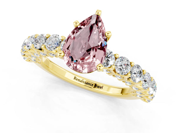 Yellow gold Pear Cut Morganite Solitaire Ring with Shared Prong Pavé Band and Four-Prong Setting