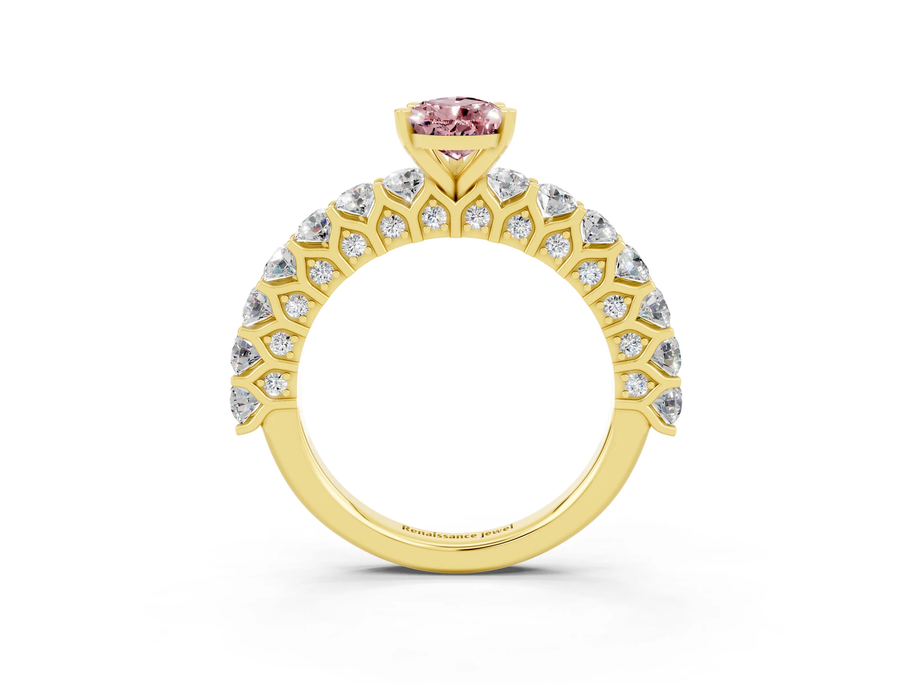 Yellow gold Pear Cut Morganite Solitaire Ring with Shared Prong Pavé Band and Four-Prong Setting_3