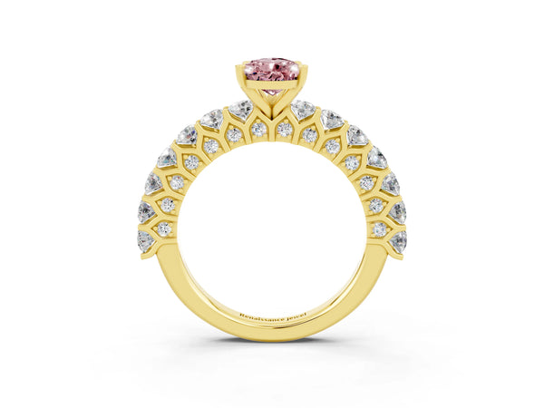 Yellow gold Pear Cut Morganite Solitaire Ring with Shared Prong Pavé Band and Four-Prong Setting