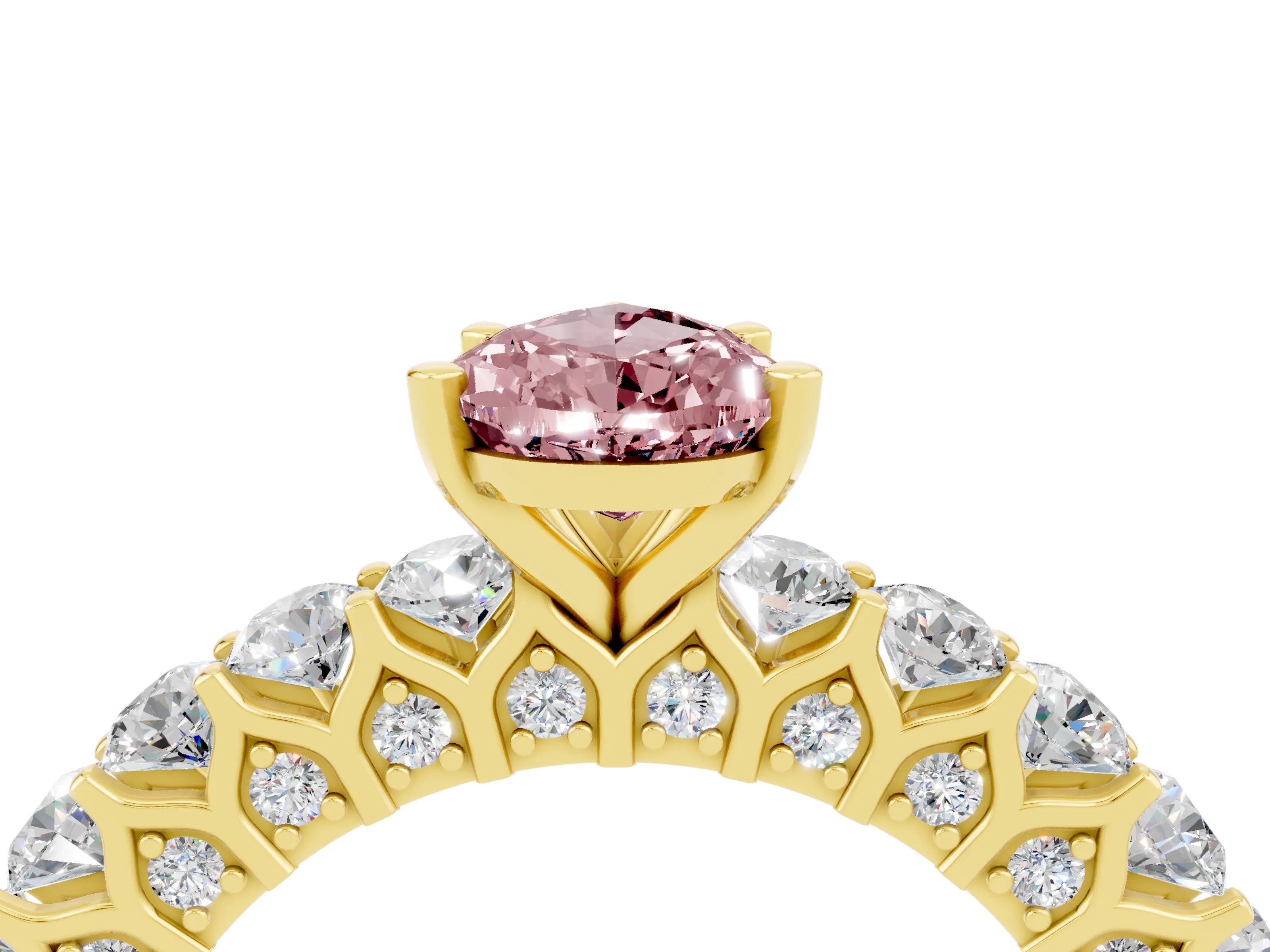 Yellow gold Pear Cut Morganite Solitaire Ring with Shared Prong Pavé Band and Four-Prong Setting_4