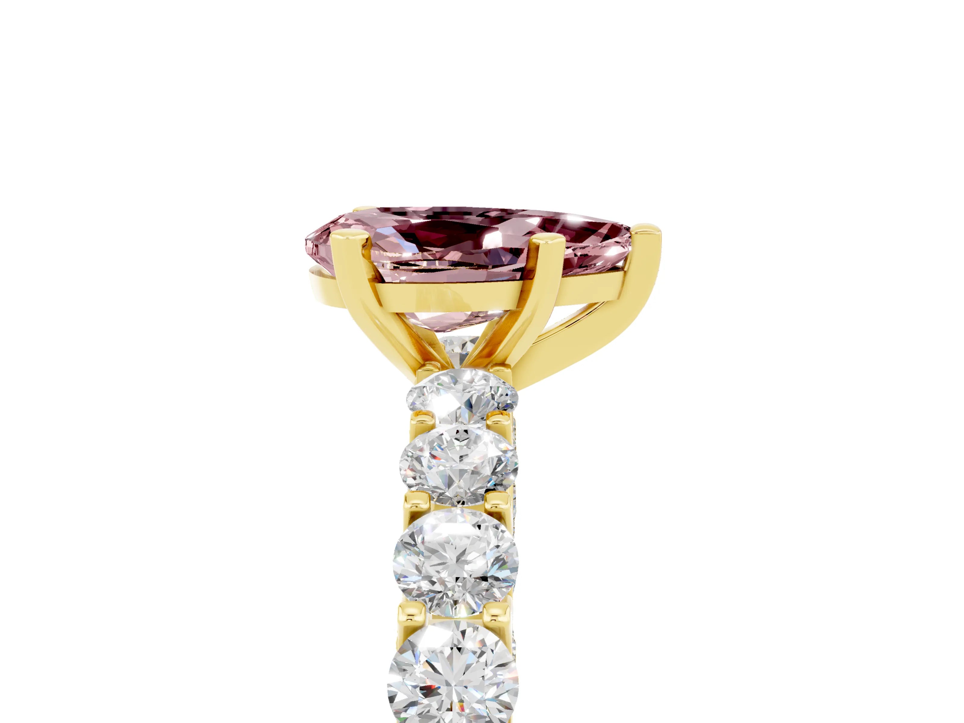 Yellow gold Pear Cut Morganite Solitaire Ring with Shared Prong Pavé Band and Four-Prong Setting_5