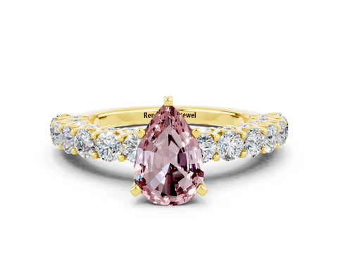 Yellow gold Pear Cut Morganite Solitaire Ring with Shared Prong Pavé Band and Four-Prong Setting