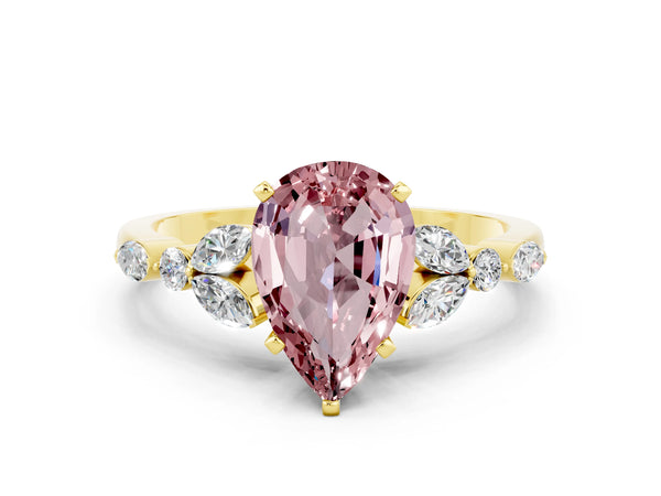 Yellow gold Pear Cut Morganite Solitaire Ring with Side Stones and Four-Prong Setting