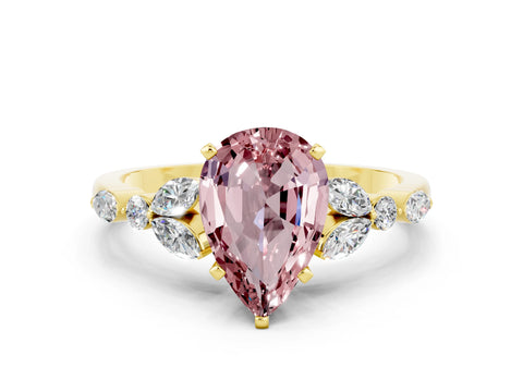 Yellow gold Pear Cut Morganite Solitaire Ring with Side Stones and Four-Prong Setting_12