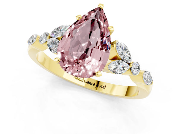 Yellow gold Pear Cut Morganite Solitaire Ring with Side Stones and Four-Prong Setting