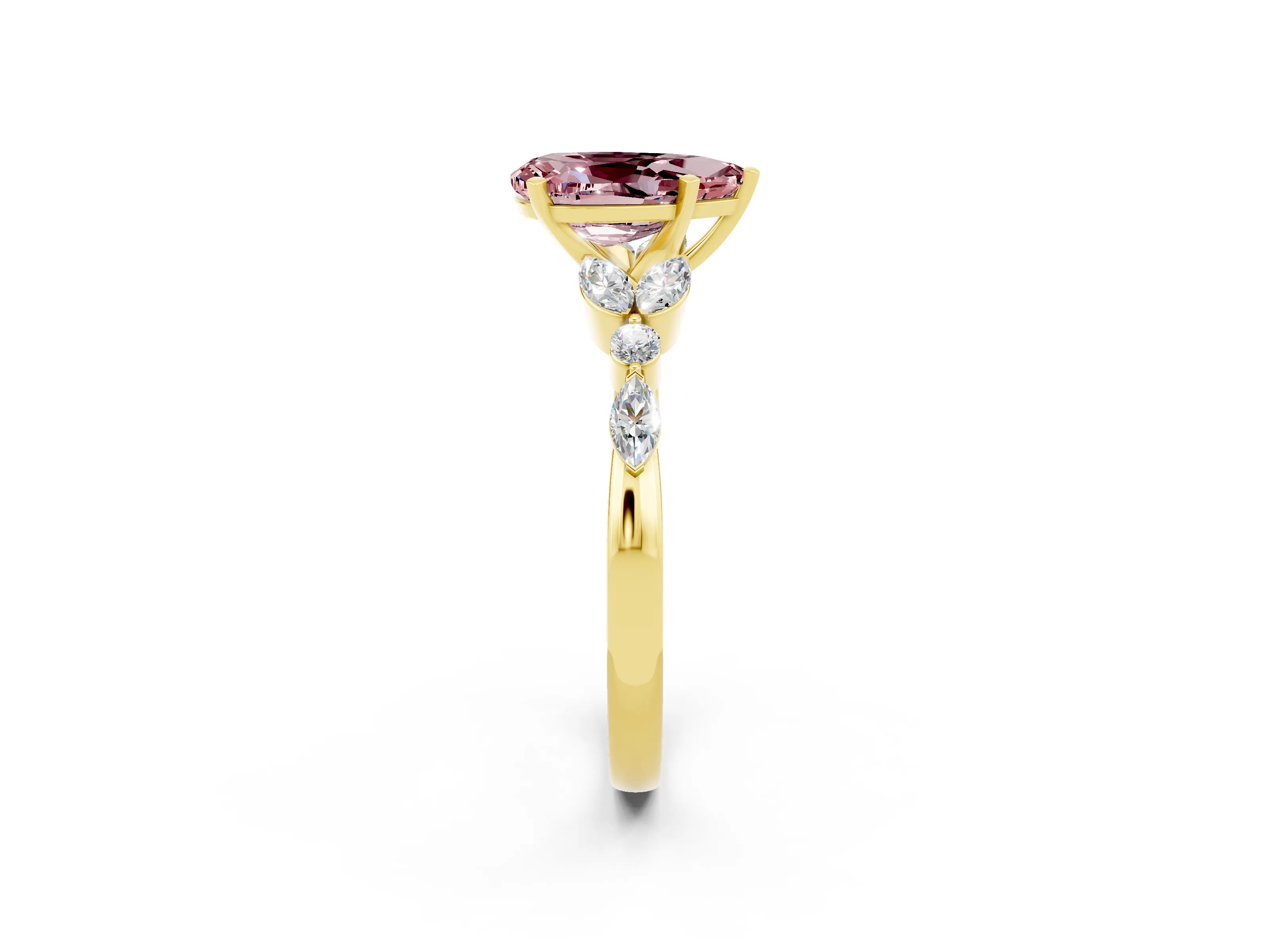 Yellow gold Pear Cut Morganite Solitaire Ring with Side Stones and Four-Prong Setting_14