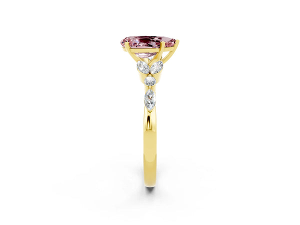 Yellow gold Pear Cut Morganite Solitaire Ring with Side Stones and Four-Prong Setting