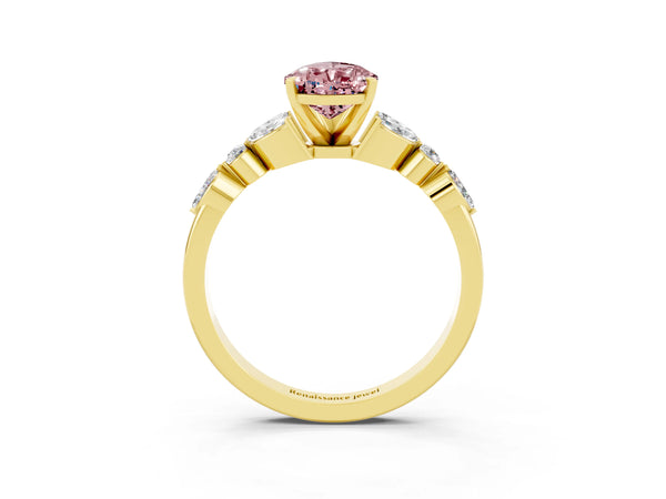 Yellow gold Pear Cut Morganite Solitaire Ring with Side Stones and Four-Prong Setting