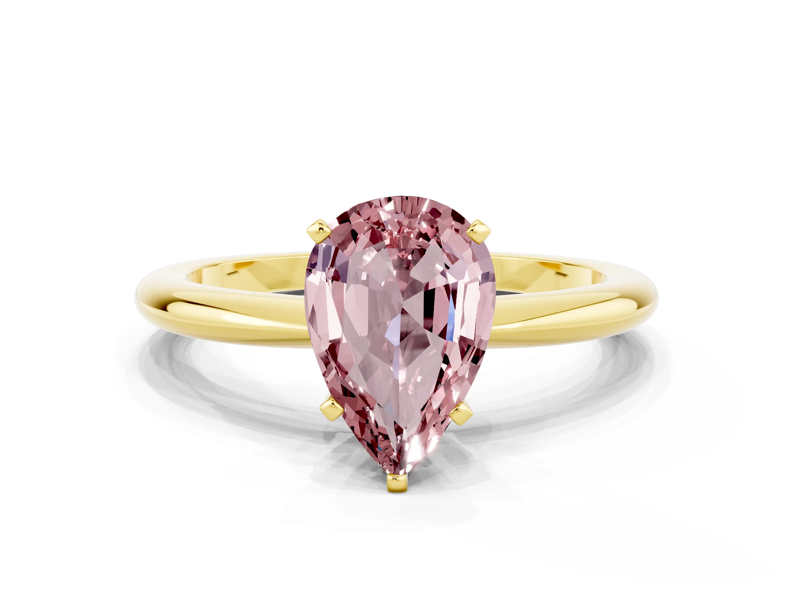 Yellow gold Pear Cut Morganite Solitaire Ring with Six-Prong Setting and Classic Band