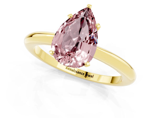 Yellow gold Pear Cut Morganite Solitaire Ring with Six-Prong Setting and Classic Band