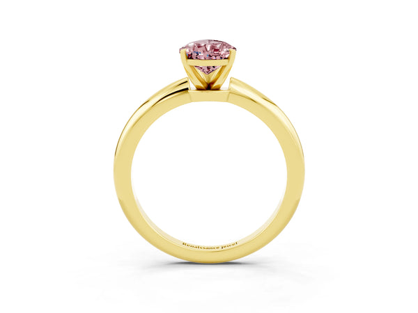 Yellow gold Pear Cut Morganite Solitaire Ring with Six-Prong Setting and Classic Band