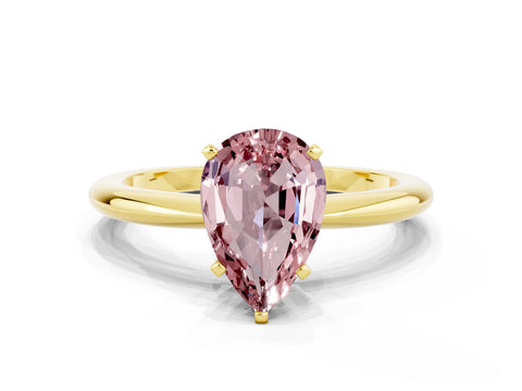 Yellow gold Pear Cut Morganite Solitaire Ring with Six-Prong Setting and Classic Band