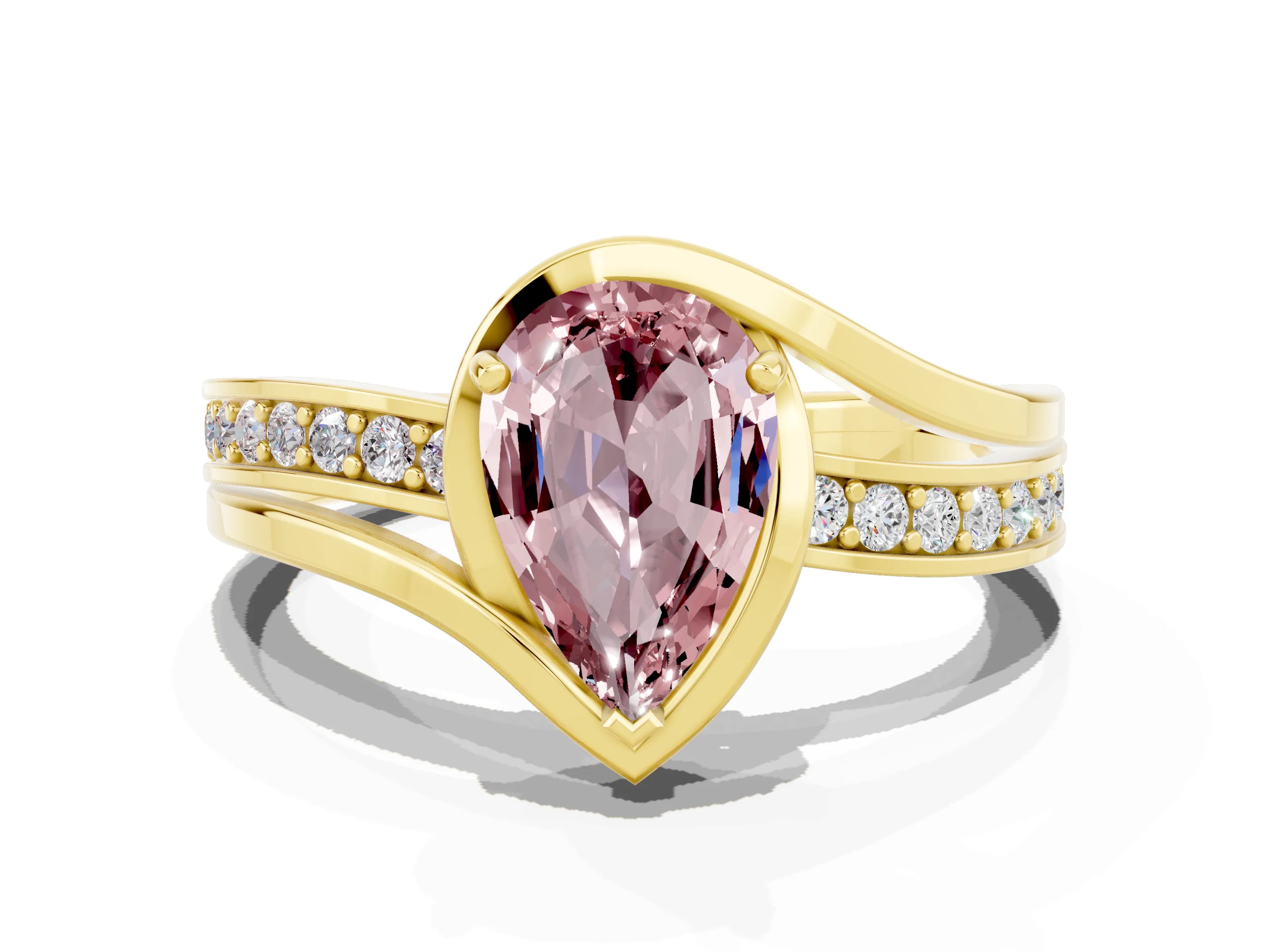 Yellow gold Pear Cut Morganite Solitaire Ring with Split Shank and Prong Setting