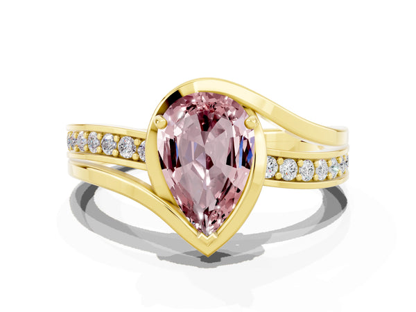 Yellow gold Pear Cut Morganite Solitaire Ring with Split Shank and Prong Setting