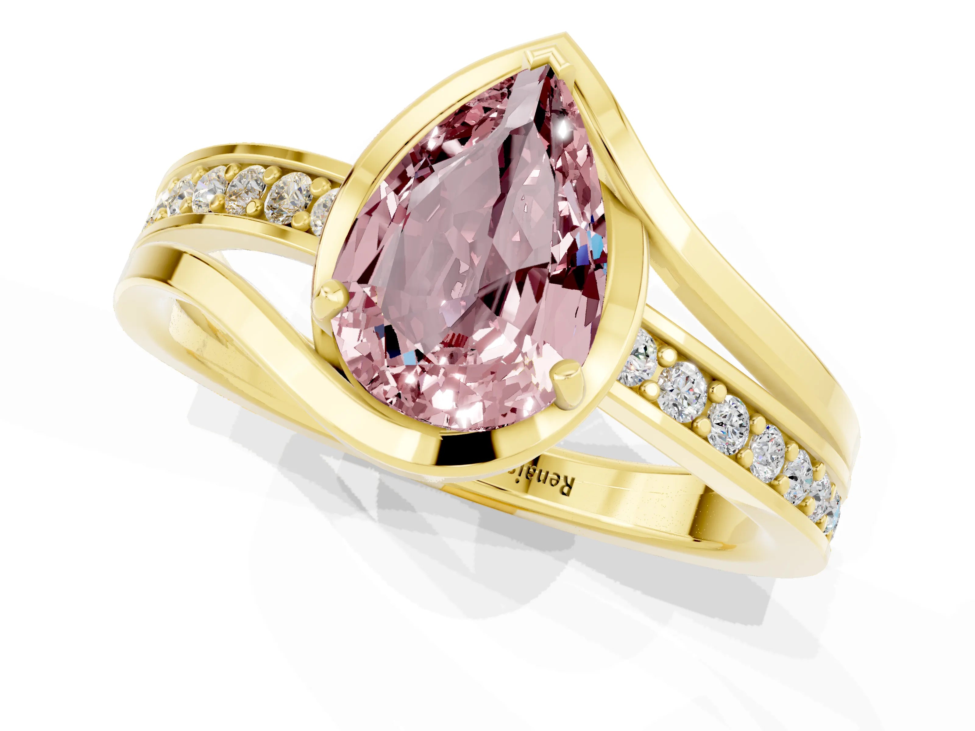 Yellow gold Pear Cut Morganite Solitaire Ring with Split Shank and Prong Setting_1
