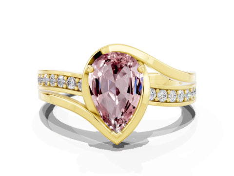 Yellow gold Pear Cut Morganite Solitaire Ring with Split Shank and Prong Setting