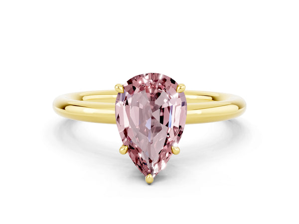 Yellow gold Pear Cut Morganite Solitaire Ring with Thin Band and Four-Prong Setting