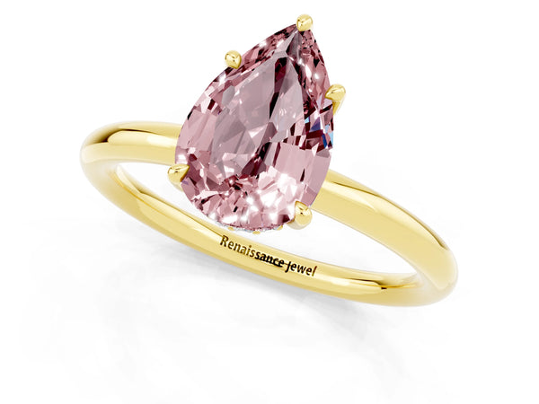 Yellow gold Pear Cut Morganite Solitaire Ring with Thin Band and Four-Prong Setting
