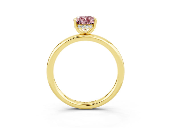 Yellow gold Pear Cut Morganite Solitaire Ring with Thin Band and Four-Prong Setting